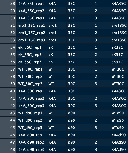 4 strains: WT, K4A, ero1, eK5 treatments: 25C, tm, 35C, 30C, d903 replications: rep1 ~3
